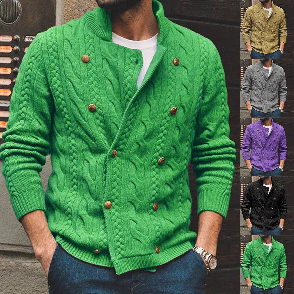 Men's Pure Color Half Collar Double-breasted Knitted Sweater Coat - EX-STOCK Canada