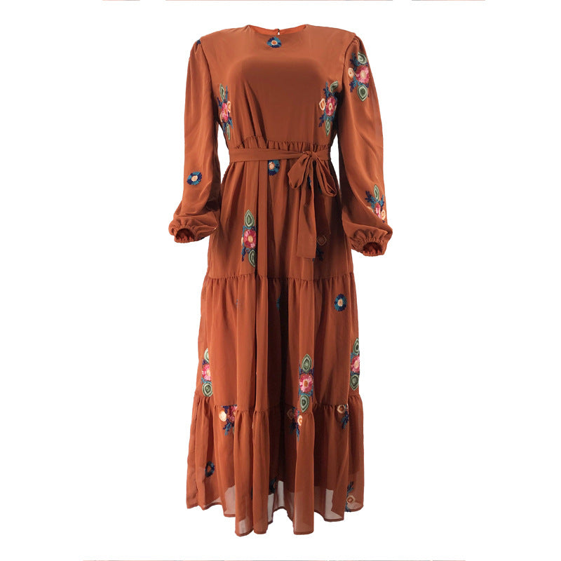 Muslim New Pure Color Embroidery With Belt Fashion Elegant Dress - EX-STOCK Canada