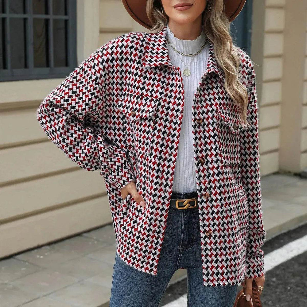 Casual Houndstooth Lapel Tweed Button long sleeve shirt tops for women - EX-STOCK Canada
