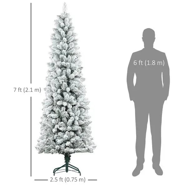 7ft Pencil Christmas Tree, Flocked Tree With 687 Branch Tips And Metal Base For Home, Indoor, Holiday EX-STOCK Canada