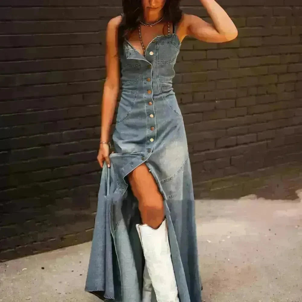 Ins Women's Summer Vintage Denim Large Swing Dress Denim Dress outfit - EX-STOCK CANADA