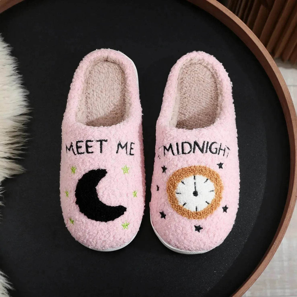 Fashion Moon And Clock Print Home Slippers Winter Warm Floor Bedroom House Shoes For Women - EX-STOCK Canada