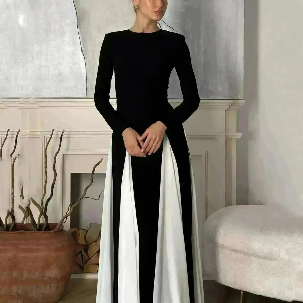 Luxury Classy Women's Black And White Stitching Long Sleeve Dress Long Skater Dress Flared Dress for Wedding Evening Party Cocktail Dress - EX-STOCK CANADA