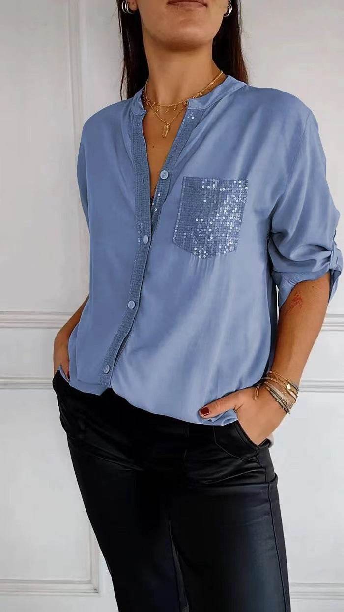 Casual Button-down Long Sleeve Shirt With Sequin Pocket Design Fashion Commuter Top Women Clothing - EX-STOCK Canada