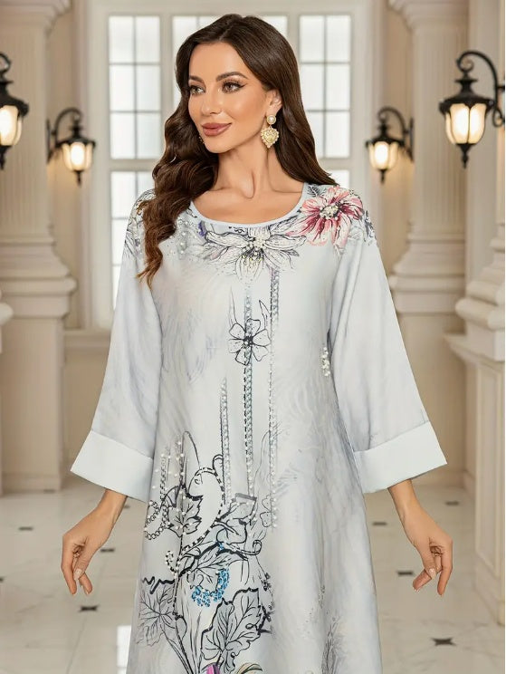 Elegant Floral Print Long Sleeve Abaya Dress - EX-STOCK Canada