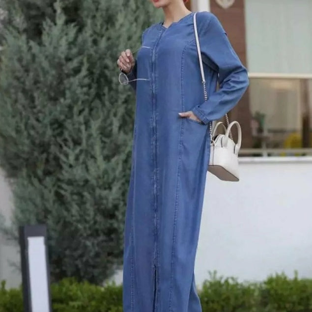 Robe arabe décontractée A1328 en jean à manches longues avec poche, fermeture éclair et surpiqûres - EX-STOCK Canada