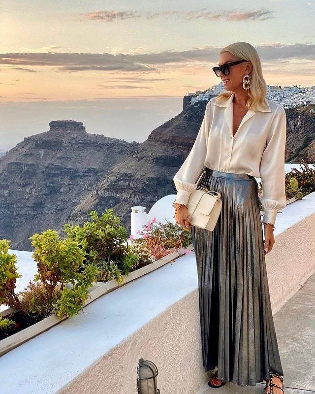 Satin Long Sleeve Shirt & Glossy pleated maxi Skirt 2pcs - EX-STOCK Canada