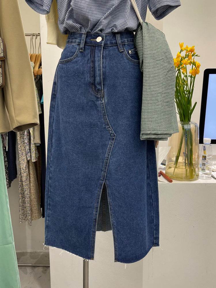 Casual Front Slit Dark Blue and Light Blue Denim Midi Skirt for women - EX-STOCK Canada