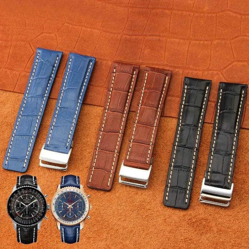 22mm 24mm Black Brown Blue Bamboo Grain Cowhide Watch Strap - EX-STOCK Canada