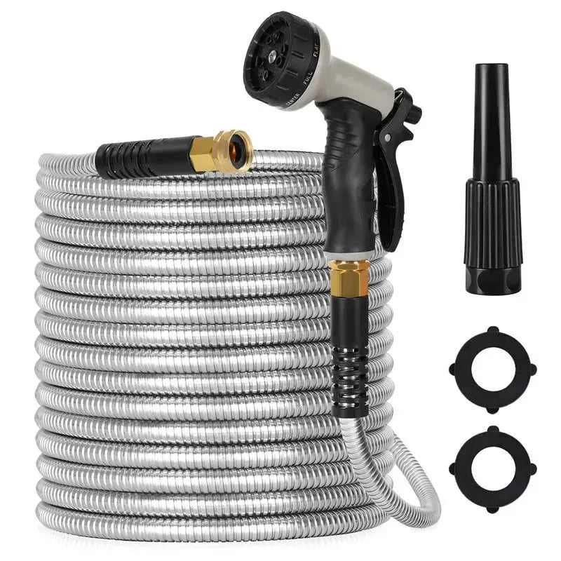 Metal Garden Hose, 100ft Stainless Steel Flexible Water Hose With 10 Adjustable Patterns Spray Nozzle, Heavy Duty Water Pipe , Kink Free , 2 Nozzles - EX-STOCK CANADA