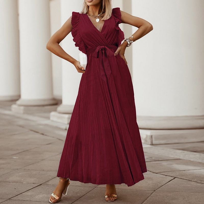 Women's Summer Maxi Dresses Elegant V Neck Ruffled Sleeves Empire Waist Pleated Flowy Wedding Guest Dress EX-STOCK
