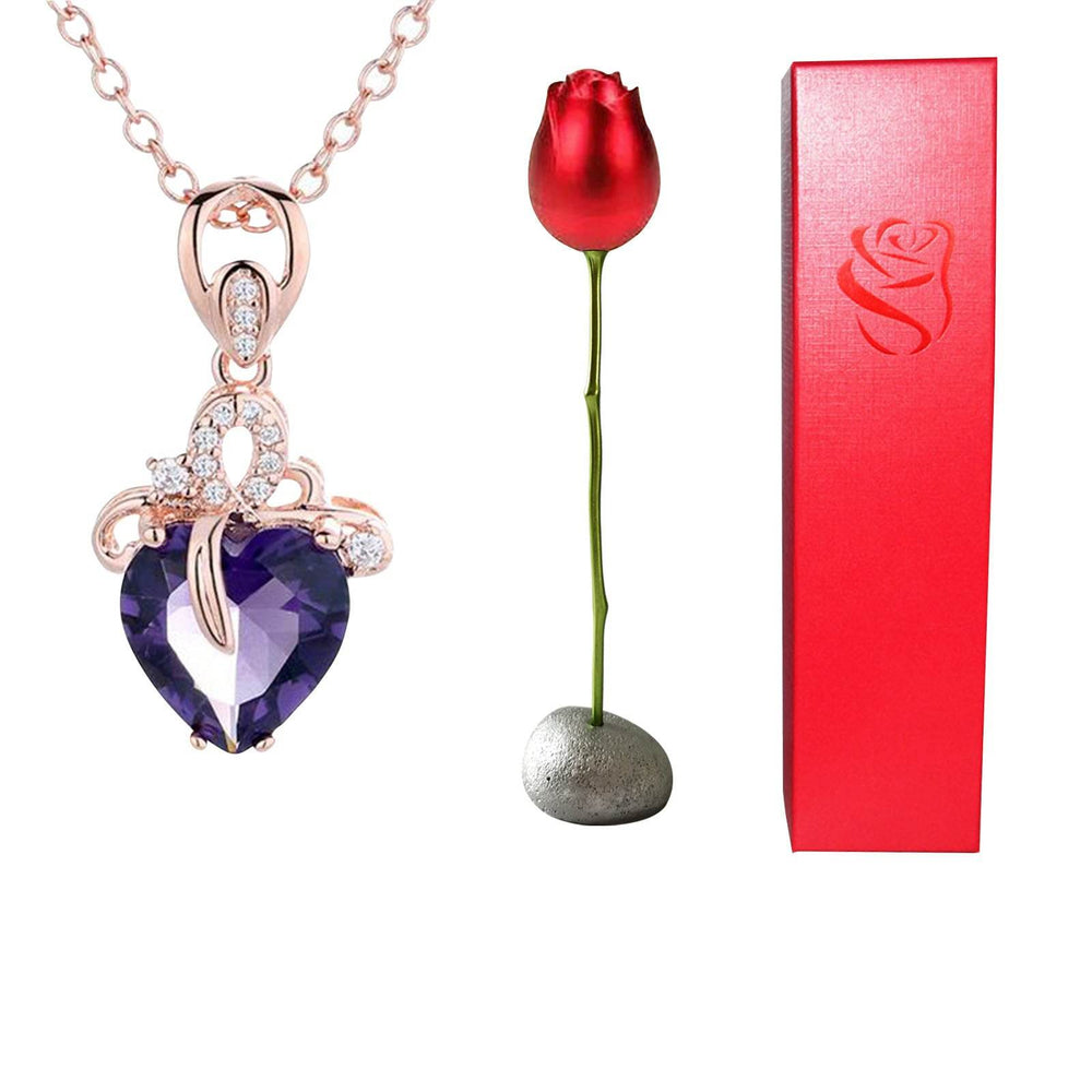 Valentines Day Gift Heart Shaped Blue Purple Crystal Diamond Pendant Rose Head Necklace - EX-STOCK Canada