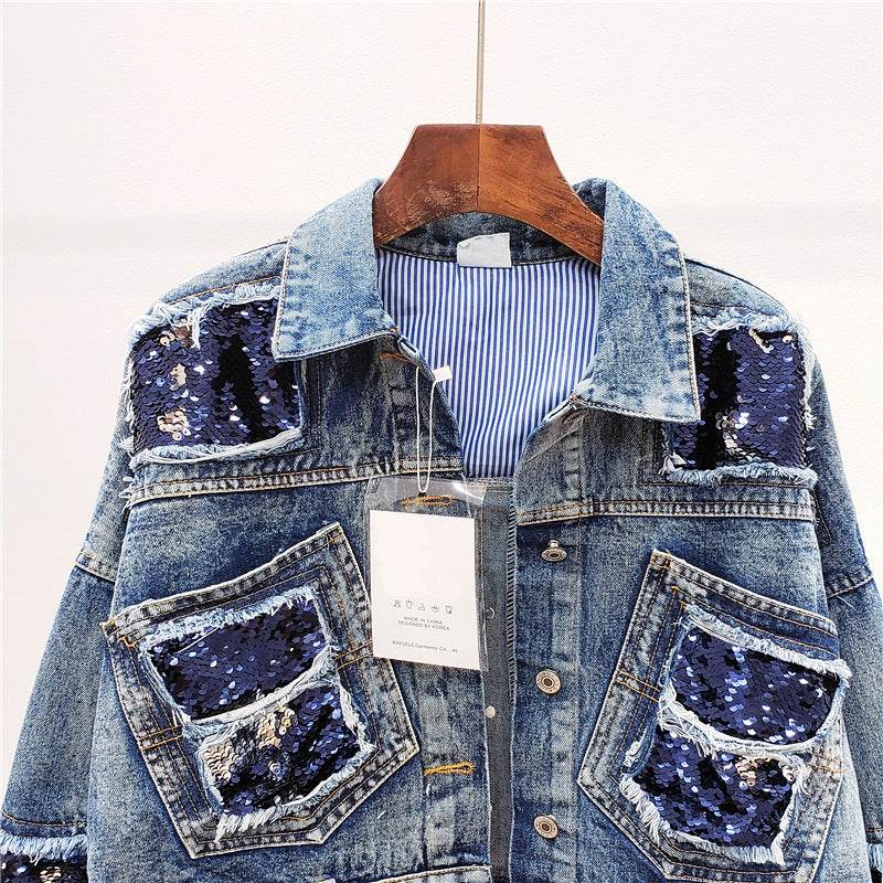 Heavy Industry Sequins Short Doll Sleeve Denim Jacket Women - EX-STOCK Canada