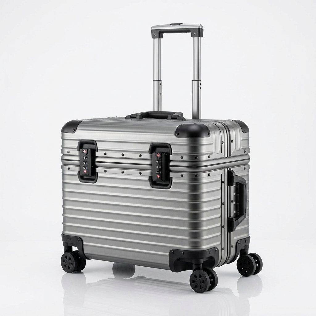A silver aluminum rolling suitcase with a telescoping handle extended, four spinner wheels, and black protective trim, shown on a clean white background.