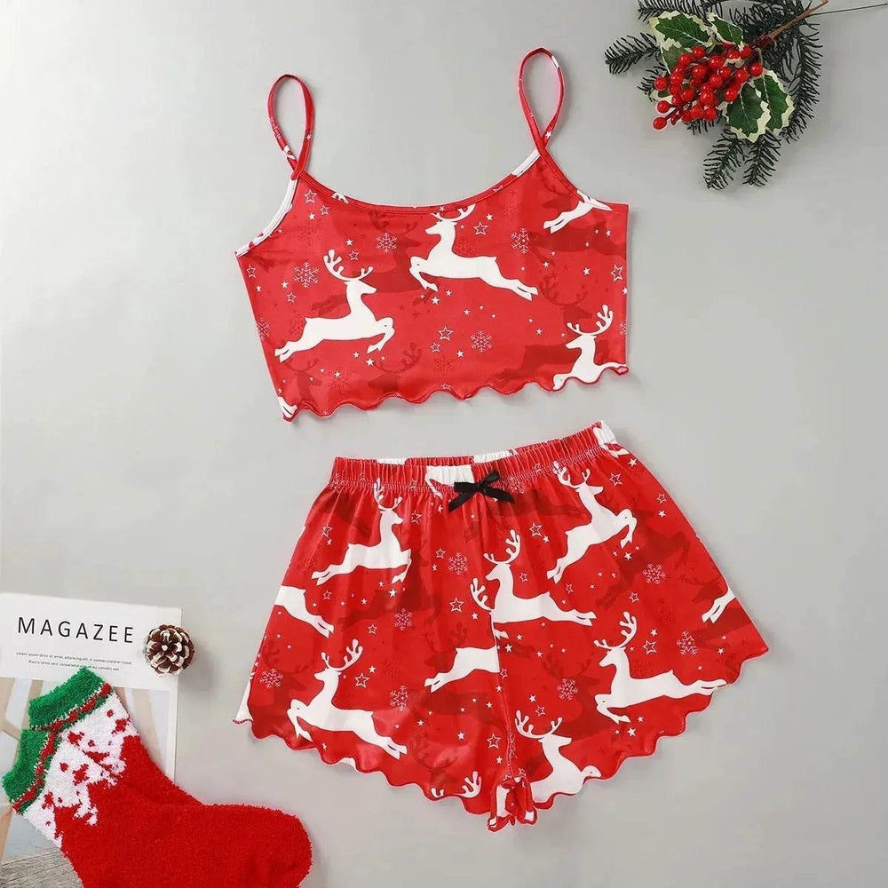 Christmas European And American Thin Pajamas Women's Sleeveless Shorts Milk Silk Simple Casual Two-piece Suit Homewear - EX-STOCK Canada