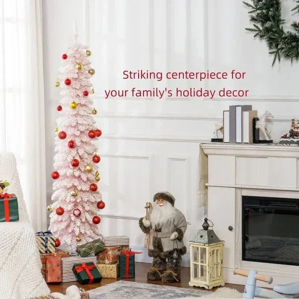 6ft Snow-Flocked Artificial Christmas Tree, Slim Pencil Xmas Tree With 395 Realistic Branches, Metal Base EX-STOCK Canada