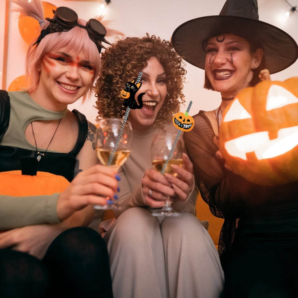 Set Of 25Pcs Halloween Party Striped Decorative Straws Disposable Drinking Straws Paper Straw Decor Happy Halloween Ghost Lantern Black Cat Halloween Party Supplies - EX-STOCK Canada