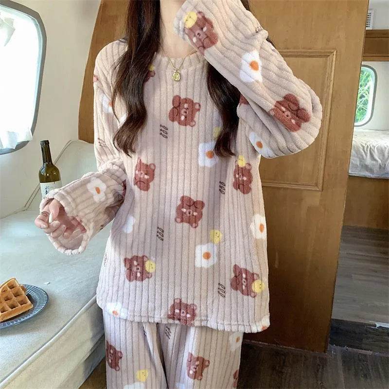 2pcs Women's Fall Winter Warm Pajamas Sets Coral Long Sleeve Cute Cartoon Bear Sleepwear Nightclothes - EX-STOCK Canada