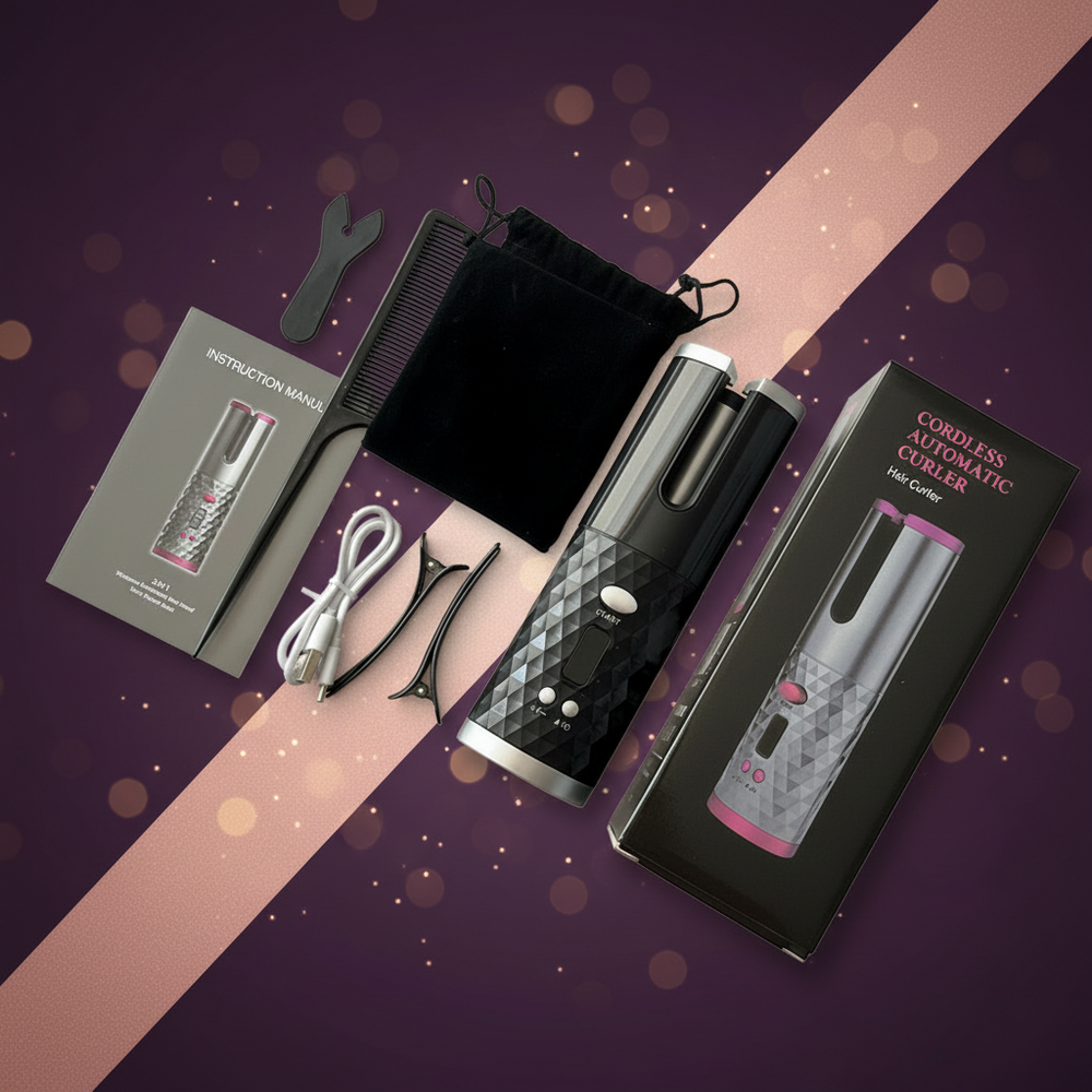 Cordless automatic hair curler set laid out on a white surface, including the black and silver curling device, black velvet pouch, black comb, instruction manual, USB charging cable, black hair clips, and the retail box.