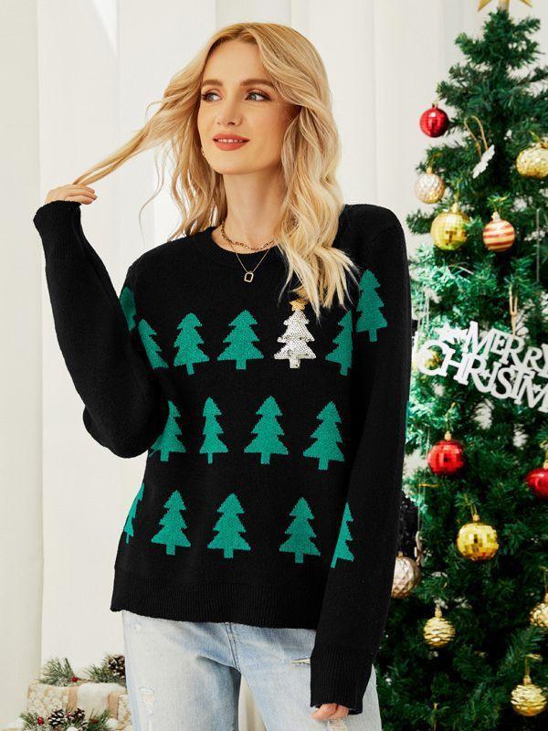 Women's Jacquard Christmas Tree Long Sleeve Red Christmas Sweater EX-STOCK Canada