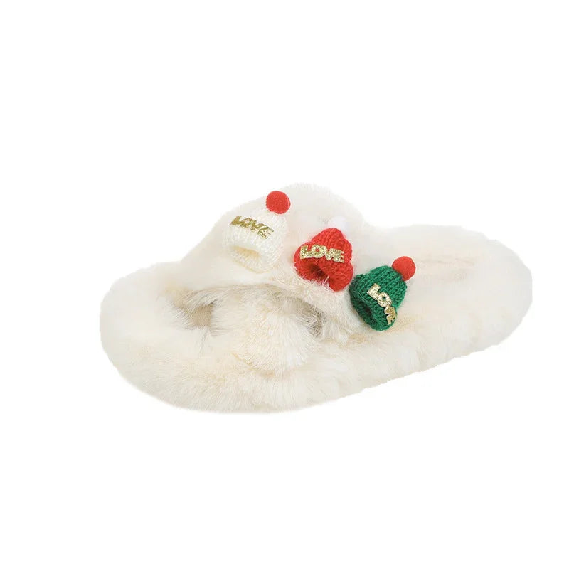 Christmas Hat Fluffy Slippers Women's Warm Toe Covering Cotton Slippers EX-STOCK Canada