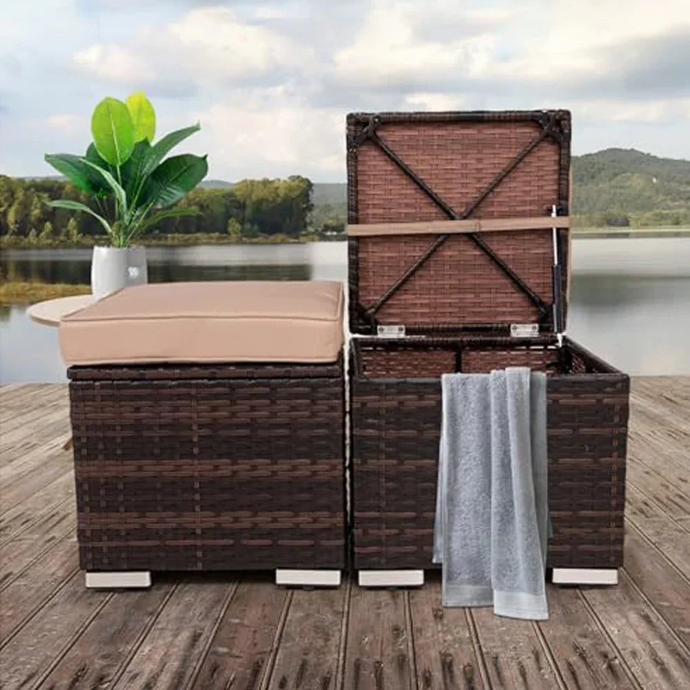 2 Wicker Ottomans, Multipurpose Outdoor Furniture For Patio, Backyard, Additional Seating, Footrest, Side Table With Storage, Removable Cushions EX-STOCK Canada