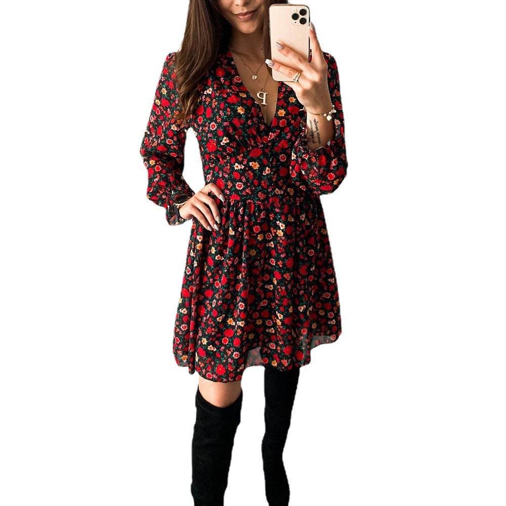 Spring Summer V-neck Long sleeve Floral Mini dress - EX-STOCK Canada