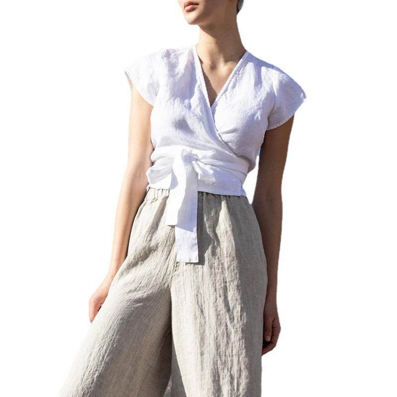 Casual Summer Lace-up Cotton Linen V-neck Top Short-sleeved blouse top women - EX-STOCK Canada