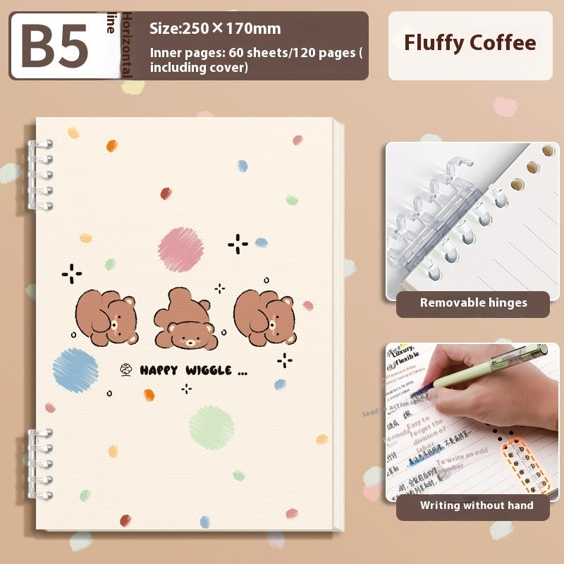 A spiral-bound planner or notebook cover labeled 'B5 size' and 'Fluffy Coffee' shown on a beige background with feature callouts. The cover is cream-colored with pastel paint-splatter dots and three cute brown bear faces.