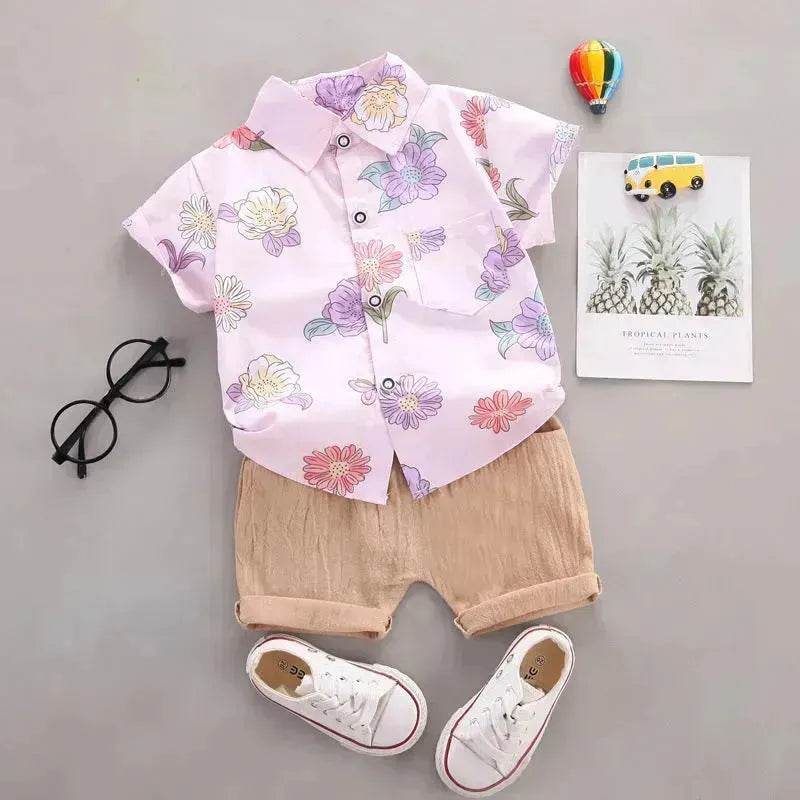 Summer Flower Lapel Shirt Two-piece Set for boys Short sleeve shirt and short pant - EX-STOCK Canada