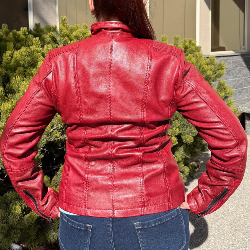 Women's Classic Lamb Leather Jacket. Round Collar with Studs, 4 Zippered Pockets & Shoulder Accent Stitching
