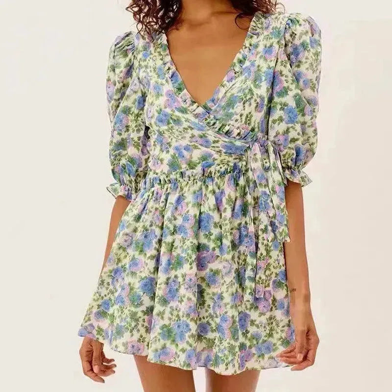 Women Summer Green Floral Chiffon Dresses Holiday Puff Short Sleeve V-Neck Back Lace Up Design Wrap One Piece Dress - EX-STOCK CANADA