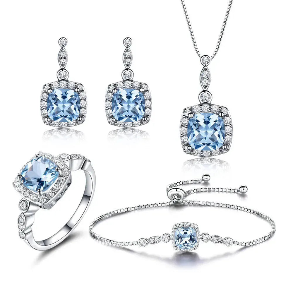 925 Sterling Silver Necklace Sky Blue Topaz Four-Piece Set - EX-STOCK CANADA