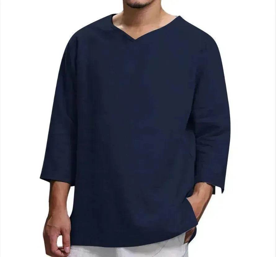 Loose Casual V-neck Top Cotton And Linen Long Sleeve Pullover Shirt Men's Shirt Top - EX-STOCK Canada