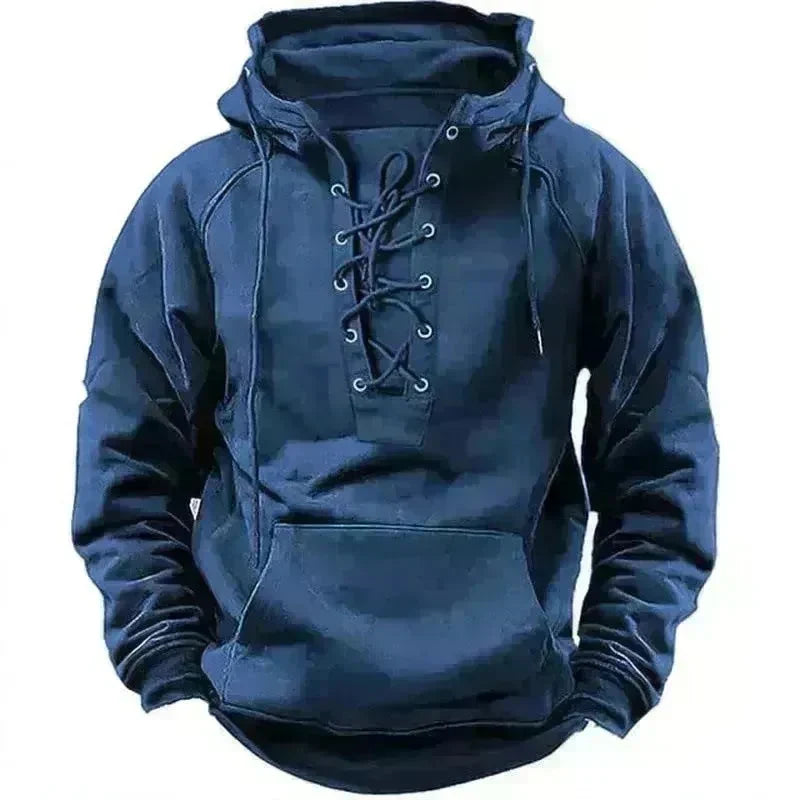 Men's Outdoor Retro Lace-up Hooded Long-sleeved T-shirt Casual Pullover top sweatshirt - EX-STOCK CANADA
