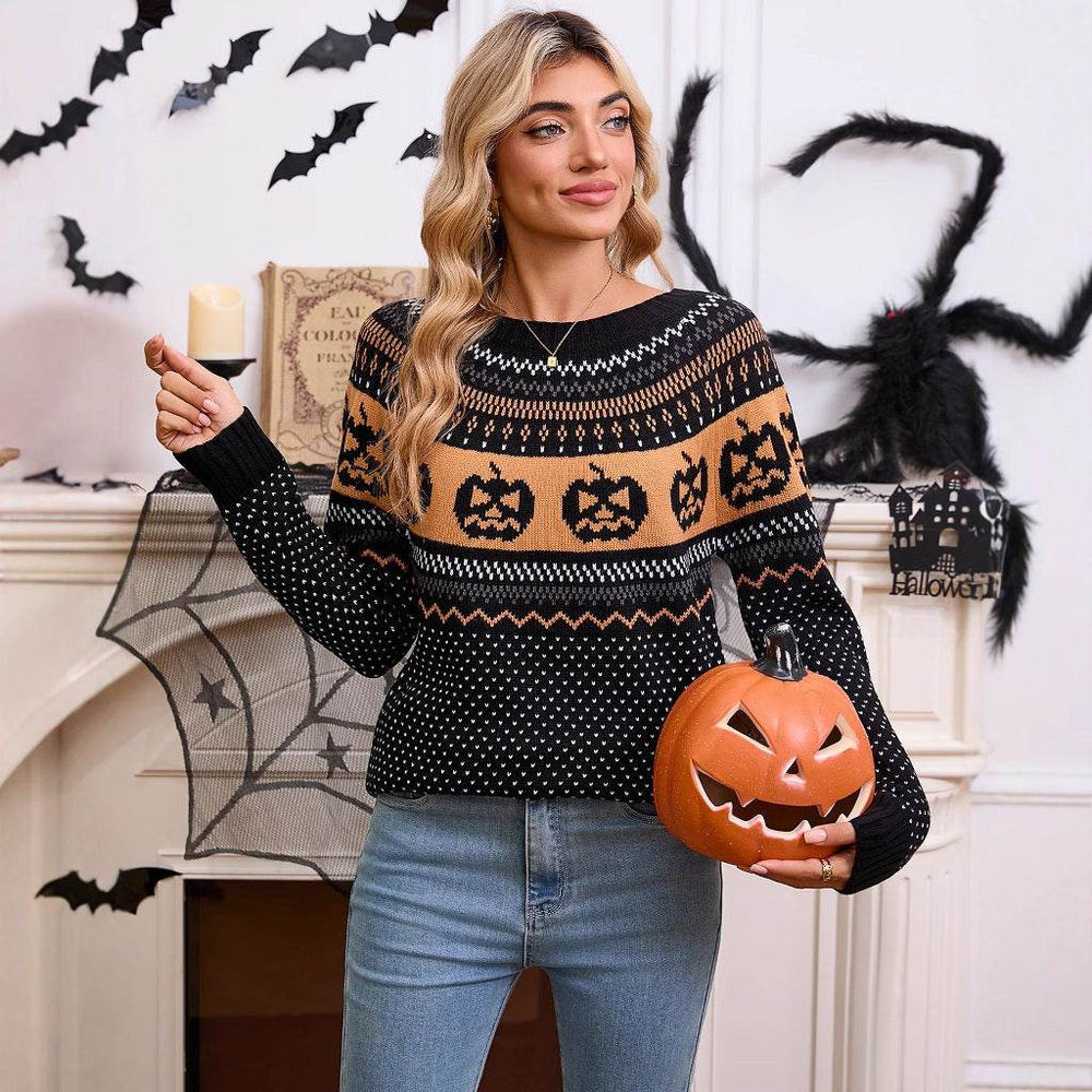 Women's Halloween Pumpkin Embroidered Retro Long-sleeved Sweater - EX-STOCK Canada