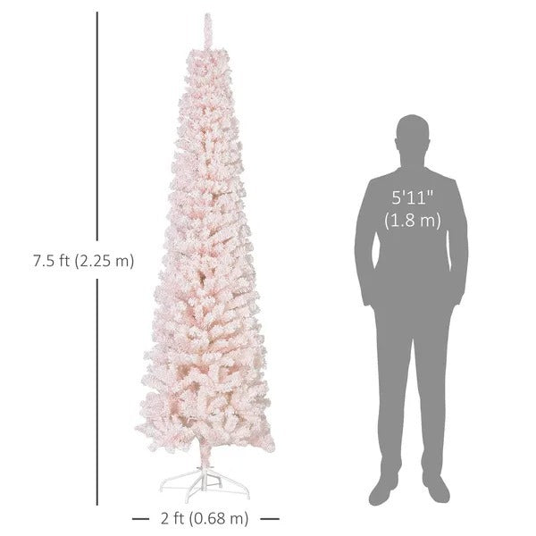 7.5ft Flocked Christmas Tree, Pencil Christmas Tree With Realistic Branch Tips, Folding Metal Stand EX-STOCK Canada