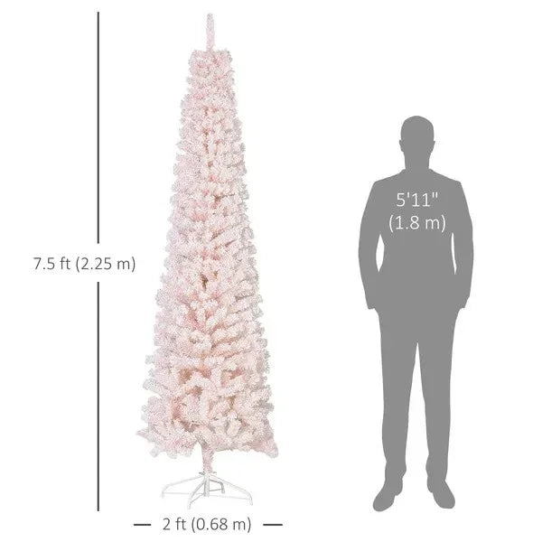 Albero di Natale Flockato da 7,5 piedi, Albero di Natale a Matita con Punte dei Rami Realistiche, Base in Metallo PieghevoleEX-STOCK Canada