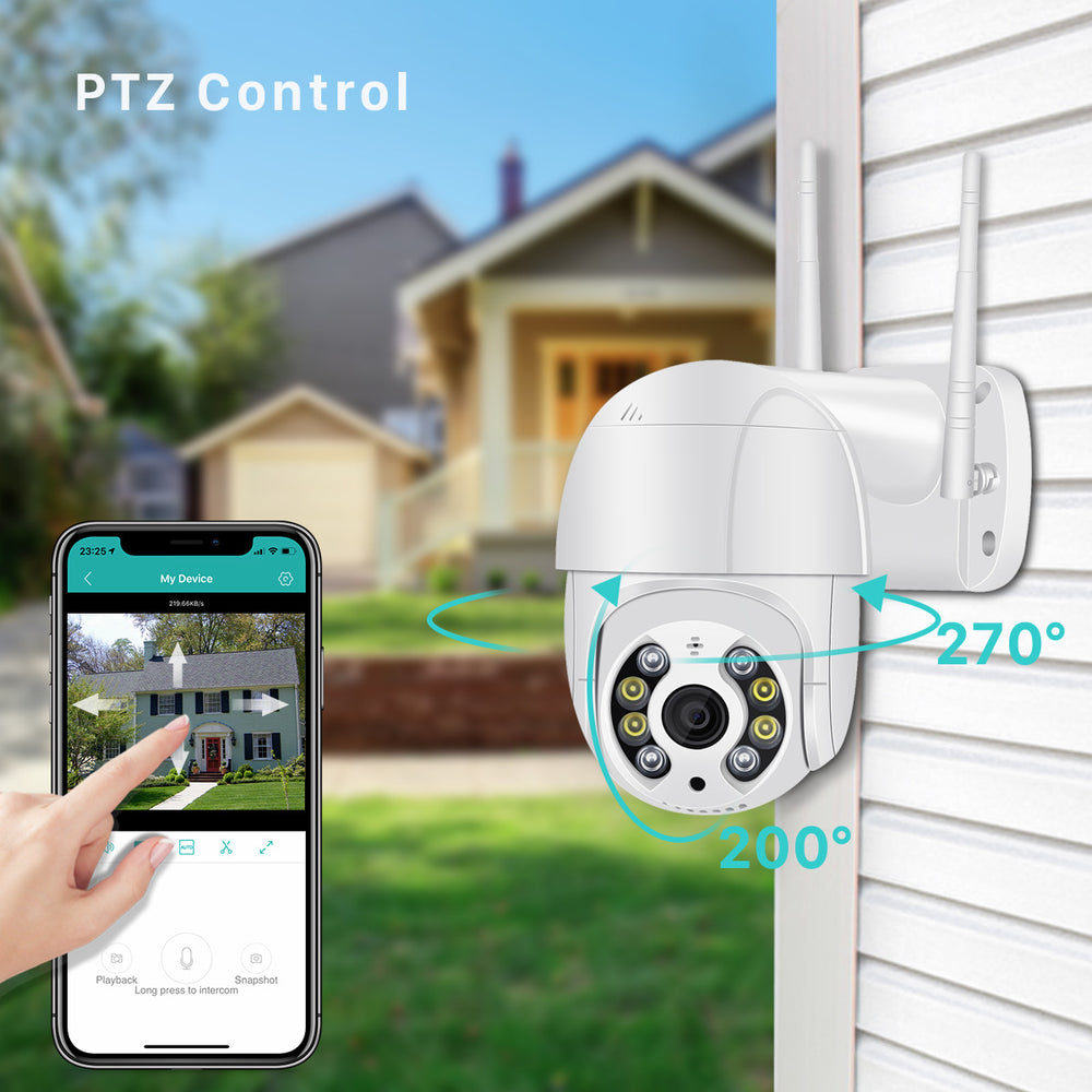 Outdoor security camera with PTZ control feature, displayed on a house exterior with smartphone app interface.