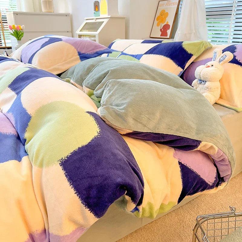 Nordic Striped Coral Fleece Duvet Cover Flannel Sheet Cover Three-piece Set EX-STOCK Canada