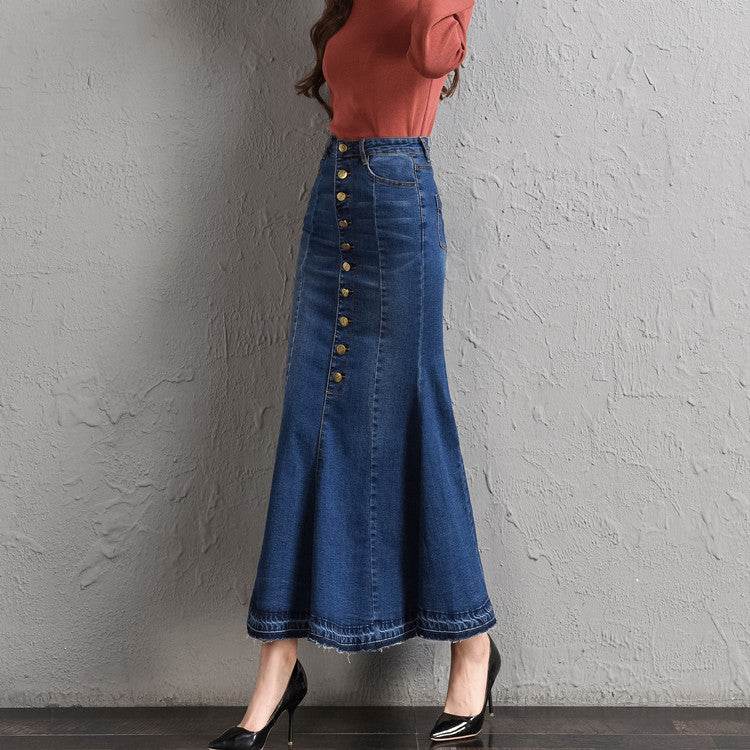 New Fashion Fitted Button up Mermaid Midi Denim Skirt - EX-STOCK Canada