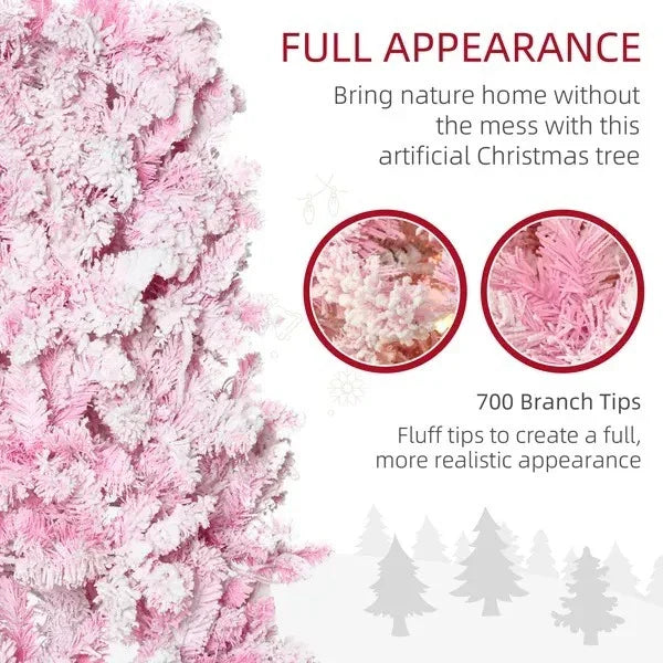 7.5 Foot Prelit Snow Flocked Artificial Christmas Tree With Pencil Shape, 700 Pine Realistic Branches, Warm White LED Lights, Auto Open, Pink And White EX-STOCK Canada