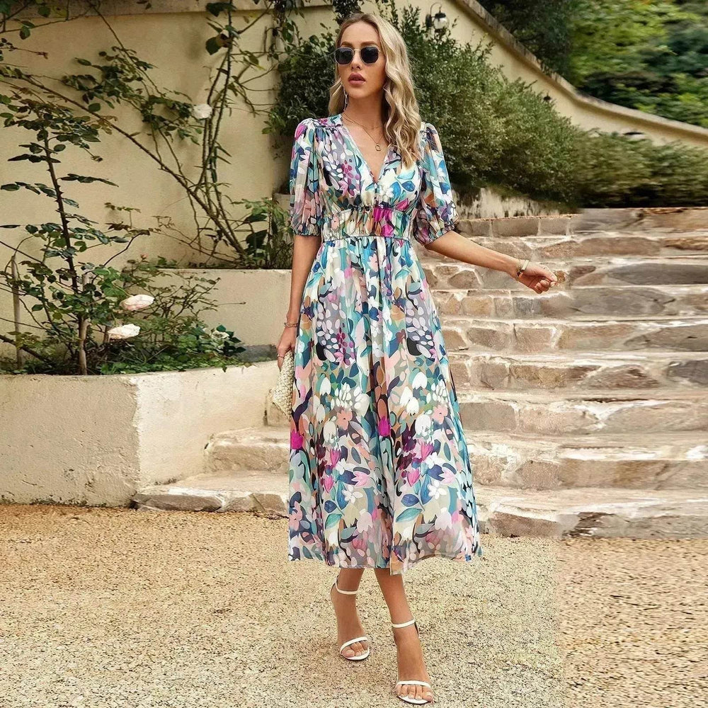 Summer Chiffon Floral Printed Temperament Waist-controlled V-neck Casual Midi Dress - EX-STOCK Canada