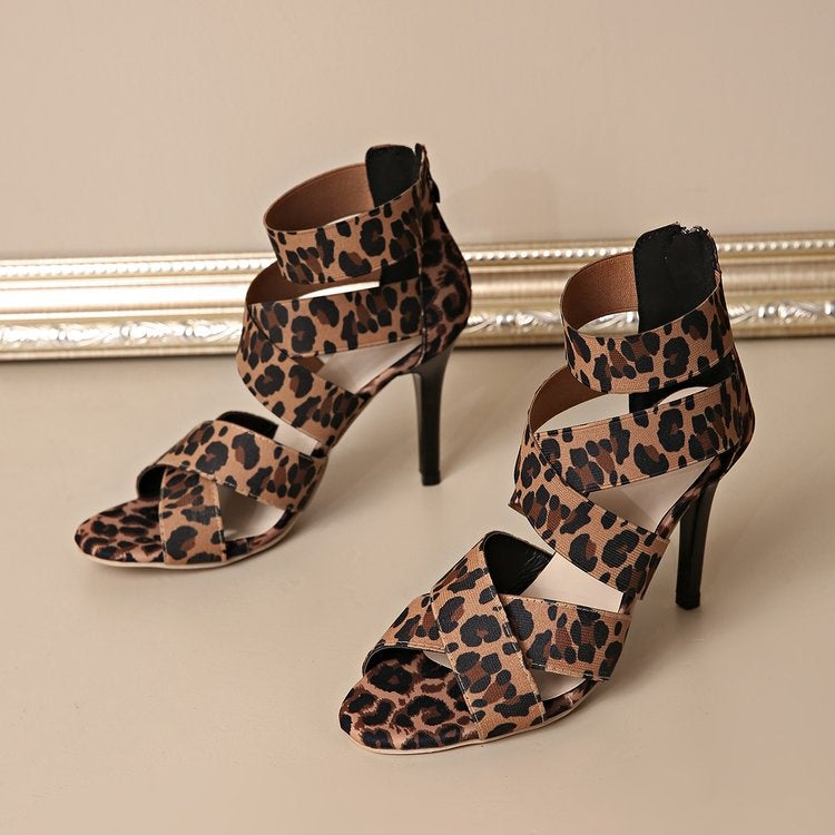 Women's Leopard Print Crisscross Strap Stiletto Heel Sandals-Open Toe High Heels For Party & Evening Wear