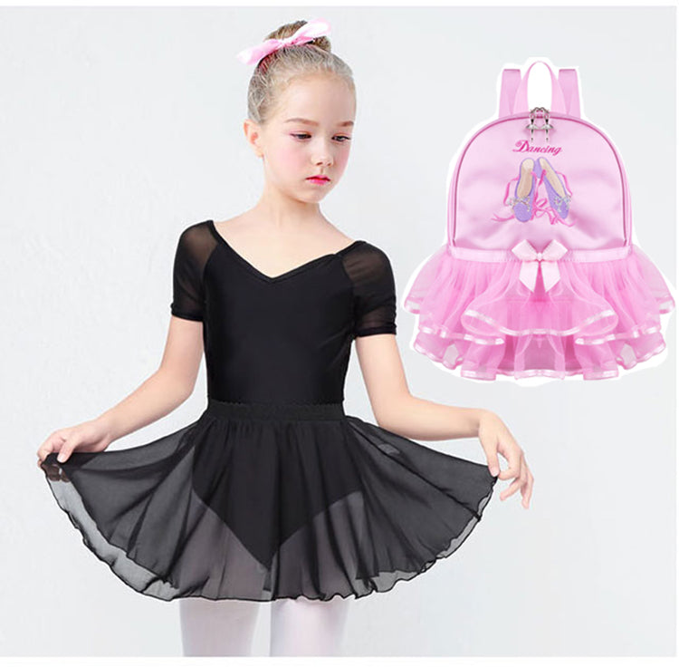 Girl in black ballet outfit with pink backpack featuring ballet shoes design on a white background