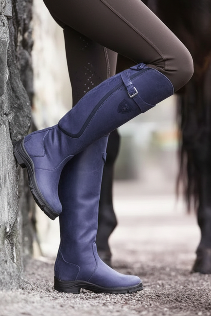 A close-up of a person wearing tall navy blue riding boots with brown leggings, standing outdoors next to a stone wall and horse legs in the background.