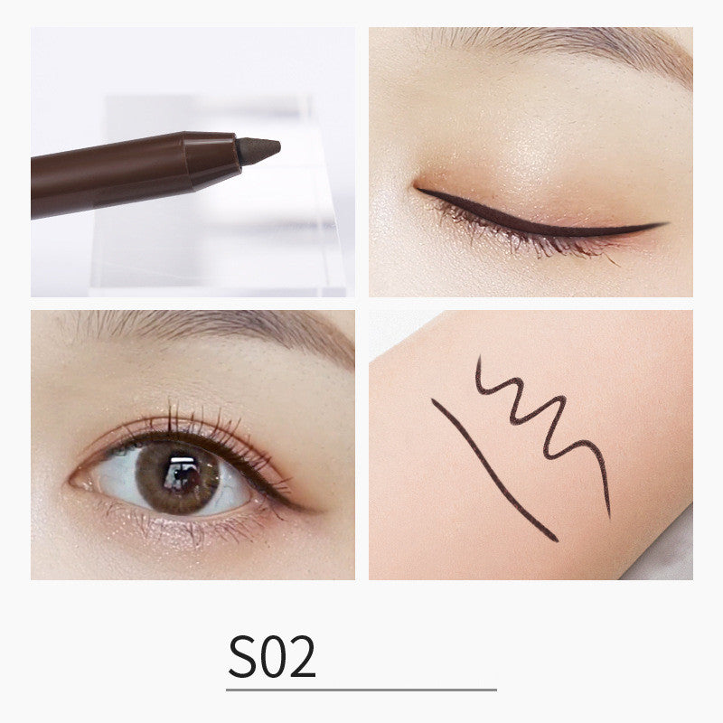 Eyebrow pencil with close-up examples of application on eyes and skin.