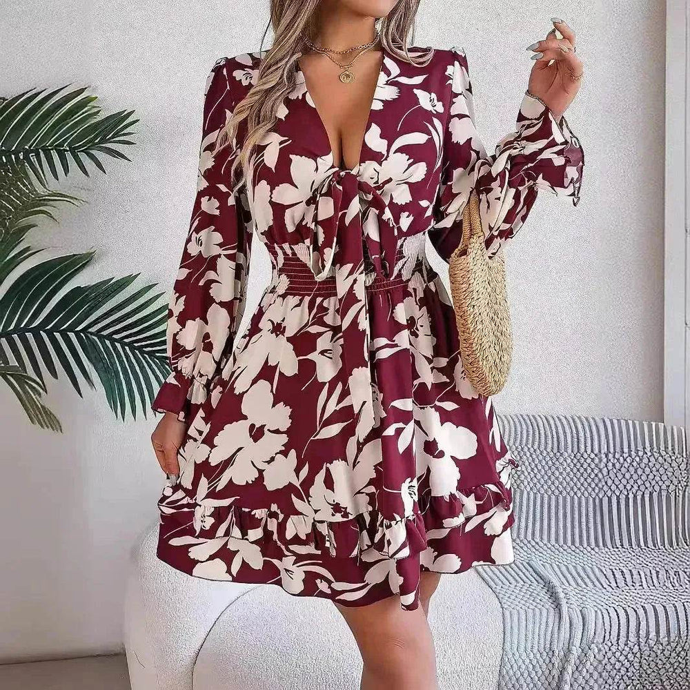 New Floral Printed V-Neck Long Sleeve Dress Fashion Ruffles Bowknot A-Line Short Mini Skater Dress Women's Clothing - EX-STOCK Canada