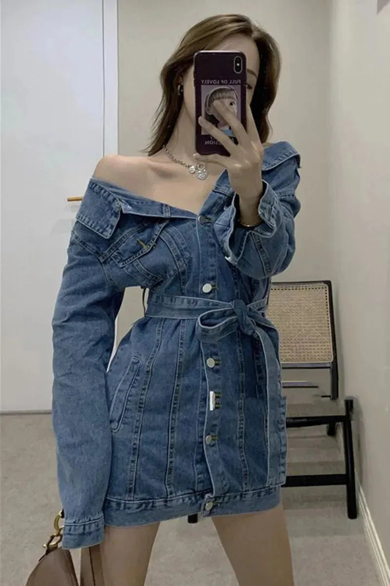 Street Fashion Long sleeve denim Mini Jeans dress - EX-STOCK CANADA
