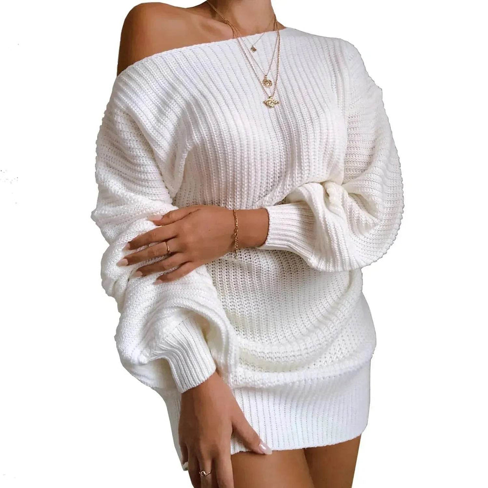 Autumn Winter Slant Shoulder Off Lantern sleeve Mini knitted wool sweater dress - EX-STOCK Canada